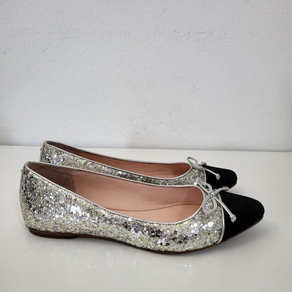 KATE SPADE Nella Flats Womens 7 M Silver Glitter Bow Black Cap Toe Leather
